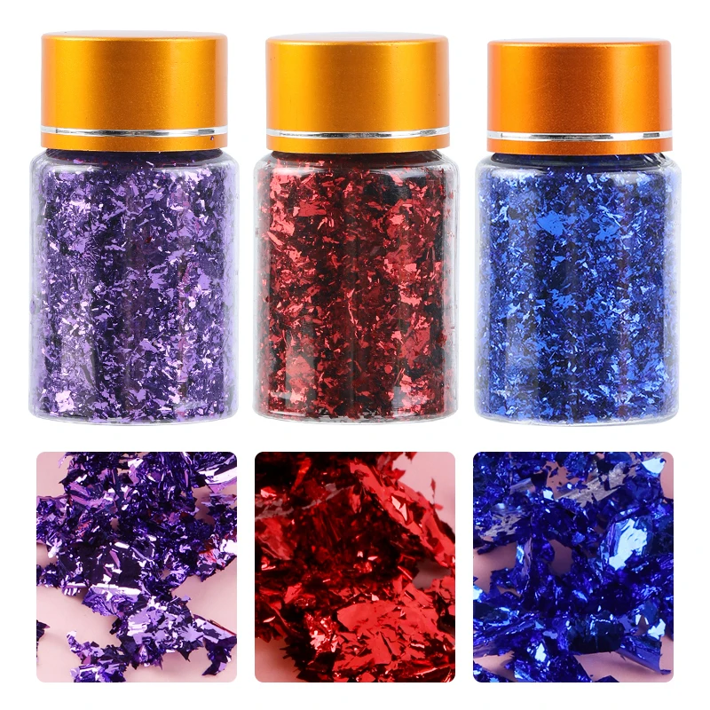 3 Bottles Mix Colors Glitter Nail Art Sticker Paper Foil Irregular Shiny Leaf Gold Flakes Nail DIY Foil Decorations Accessories