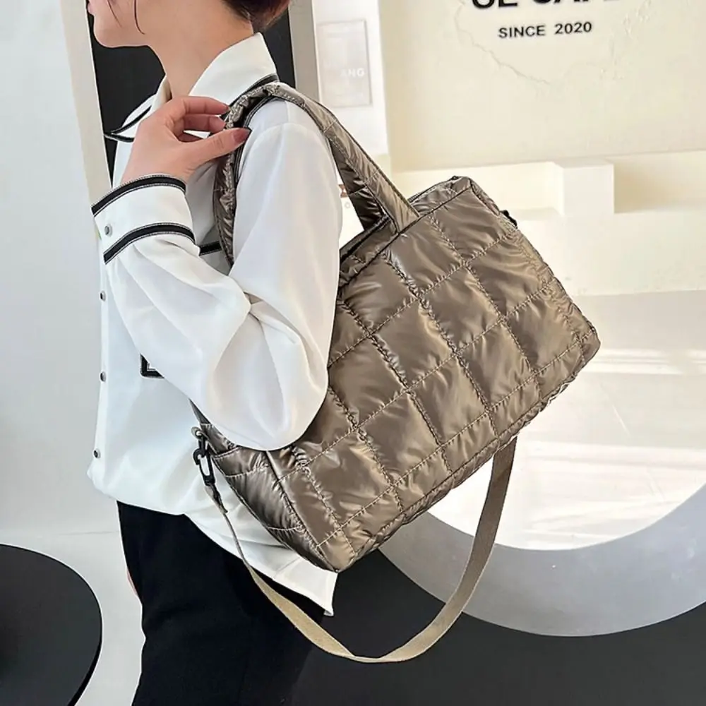 Children's Korean Style Bright Space Cotton Tote Bag Shoulder Bag Plaid Cloud Crossbody Bag Down Lightweight Nylon Handbag Lady