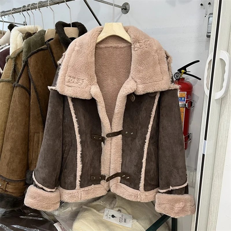 Faux Leather And Fur Integrated Lamb Fur Jacket For Women\'s 2024 New Winter Thickened Plush Retro Fashion Motorcycle Jacket JF85