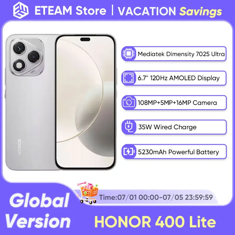 

Global Version HONOR 400 Lite 5G Smartphone 6.7’’ AMOLED 120Hz Screen Mediatek Dimensity 7025 Ultra 108MP Street Style Portrait
