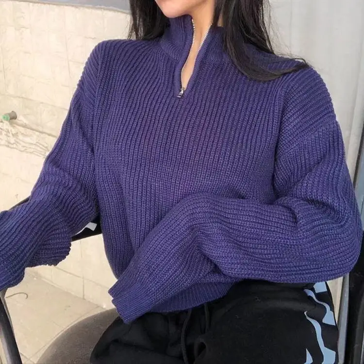

Свободный вязаный свитер с высоким воротником для женщин, осенне-зимний, приталенный, в стиле оверсайз, верхняя одежда с длинными рукавами, на молнии, модный трикотаж