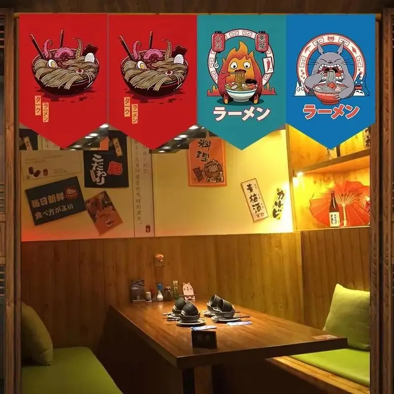 VIKAMA Retro Japanese-Style Ramen Cat Triangle Hanging Curtain, Japanese-Style Diner Banner, Room Divider and Home Decor