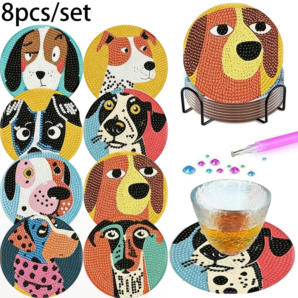 8-teiliges Set Niedliche Haustier-Serie Handgefertigte Diamantkunst-Untersetzer, DIY Cartoon-Hund Diamantkunst-Untersetzer, Geeignet für Erwachsene