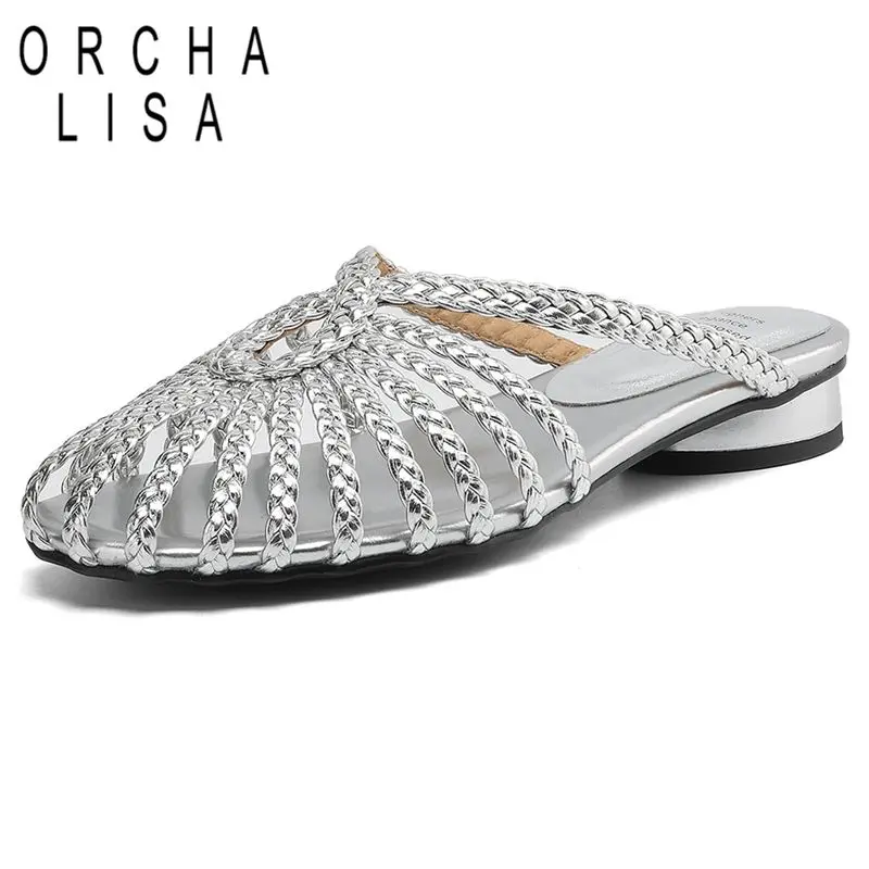 ORCHA LISA Design Genuine Leather Female Sandals Round Toe Hand Knitting Mules Flats Slip On Casual Daily Women Outdoor Slipper