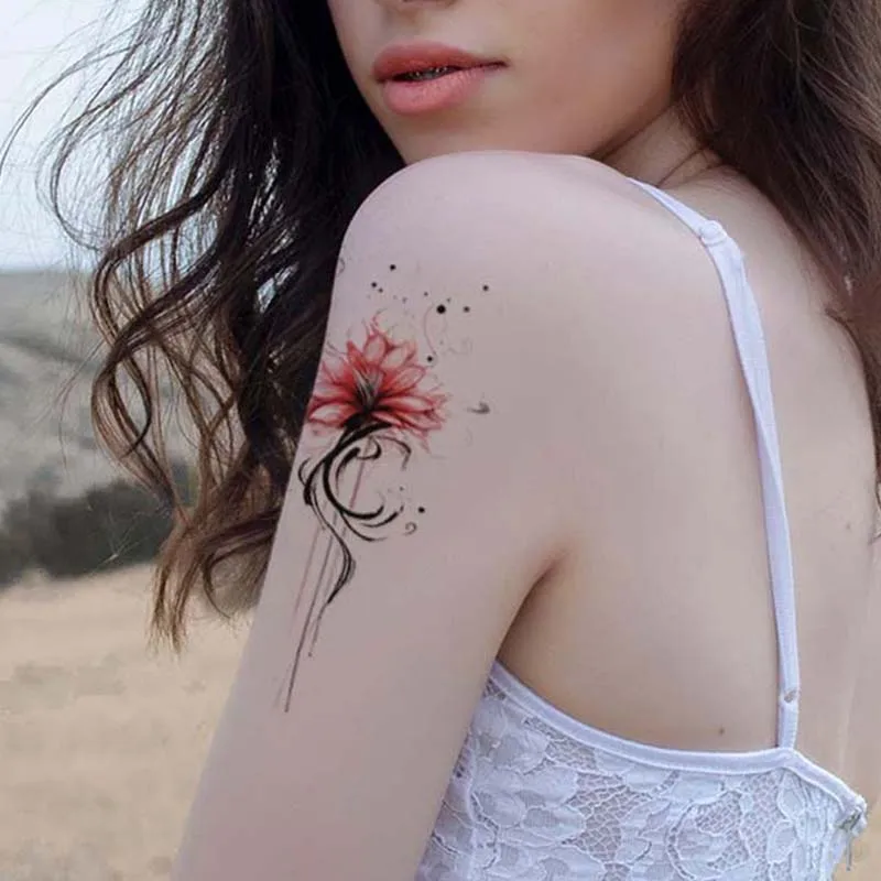 Long-lasting Waterproof Temporary Tattoo Stickers Simulated Non-Reflective Red Lotus Pattern Fake Tattoo on Women's Arm