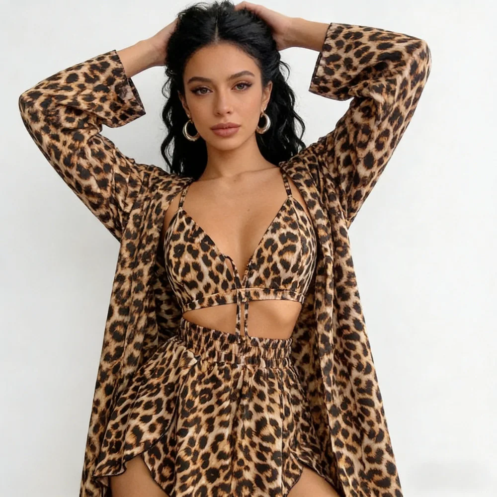 

Летний женский пижамный комплект с леопардовым принтом из 3 предметов: майка, пижама с длинным рукавом, шорты, ночная одежда с V-образным вырезом