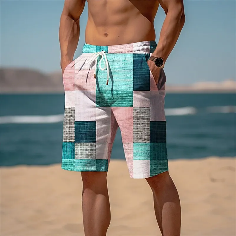 2024 Summer Hawaiian Beach Shorts Holiday Casual Colorful Plaid Print Sportswear Quick Drying Trunks Ice Shorts Hawaii Swimsuit