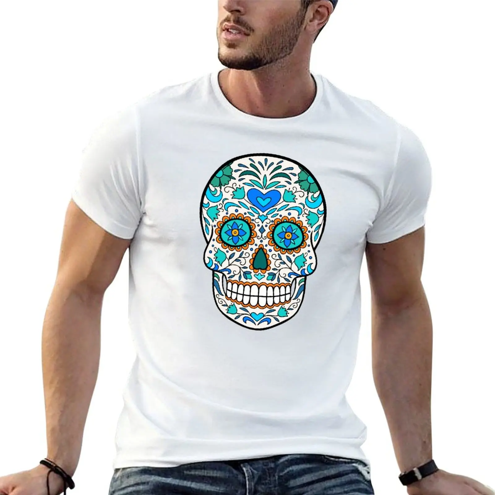 Blue Sugar Skull T-shirt heavyweights customizeds Men's cotton t-shirt