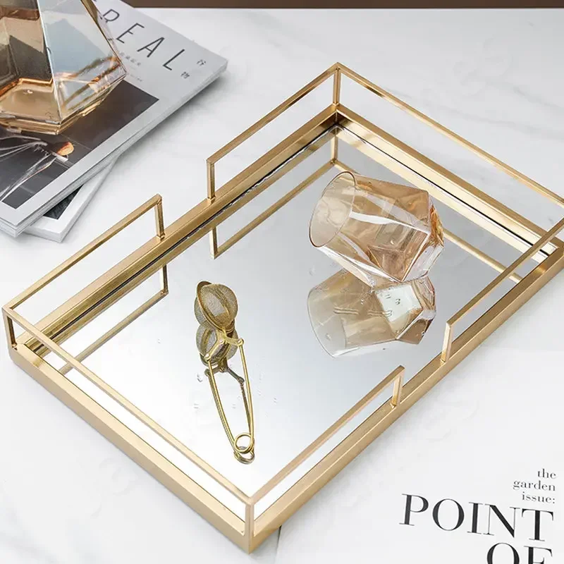 Nordic Retro Mirror Tray Classic Gold Plated Trays Cup Cosmetic Cake Dessert Fruit Salad Cutlery Coffee Food Tea Decorative Tray