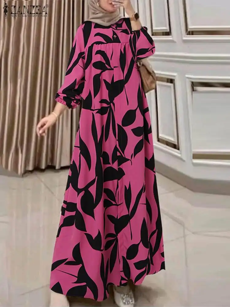 ZANZEA Casual O Neck Maxi Dress Muslim Fashion Islamic Ruffled Women A-line Vestidos Long Sleeve All-Over Printed Abaya Robes