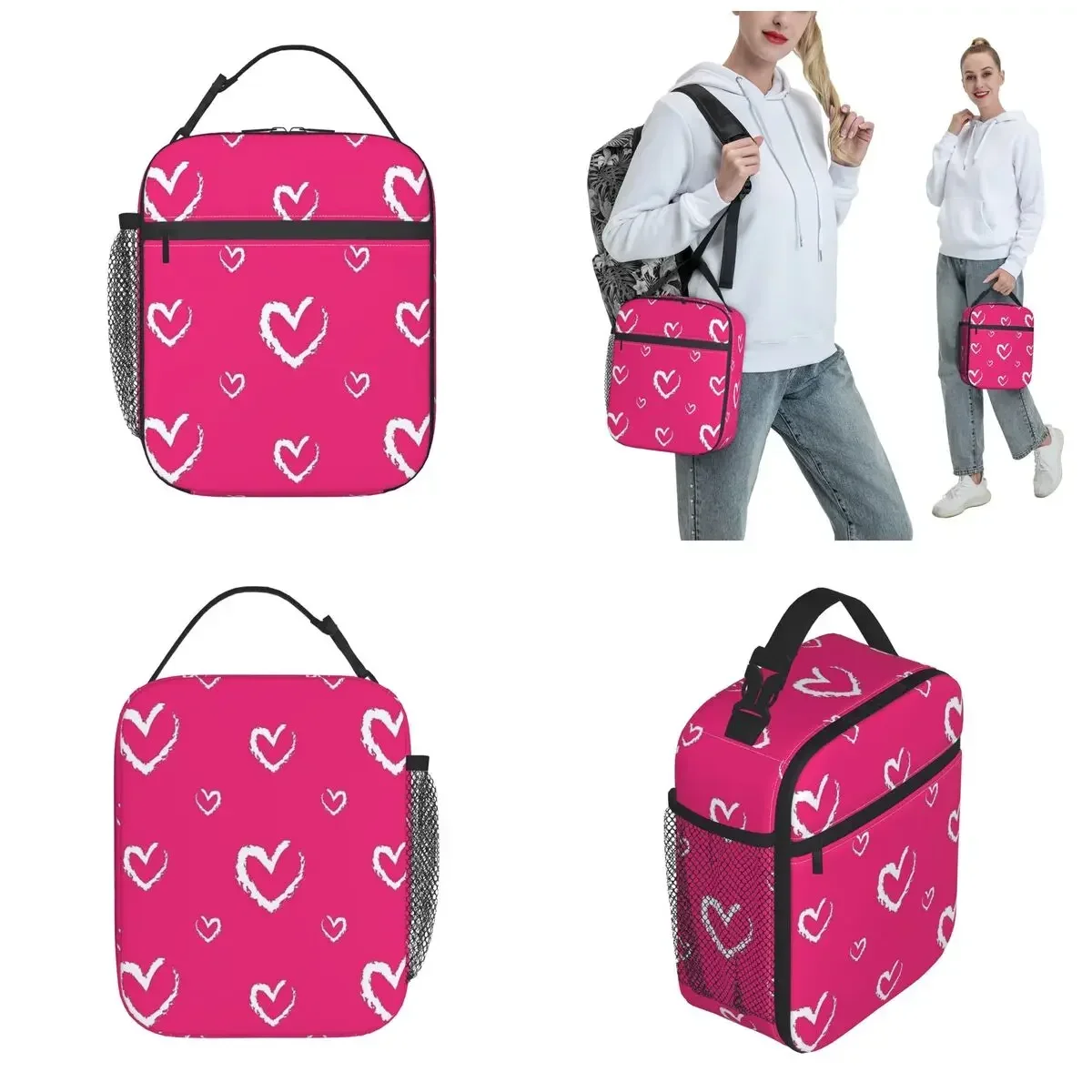 Insulated Lunch Bags Valentine's Day Pink Hearts Merch Food Box Causal Cooler Thermal Bento Box For School