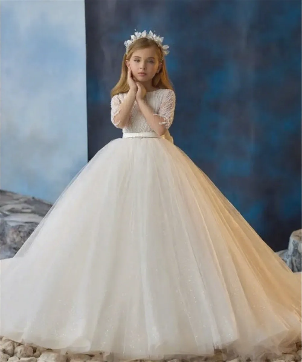 

Customized Flower Girl Wedding Dress Beaded Tiered with Bow Belt Luxury Princess First Communion Kids Birthday Party Ball Gown