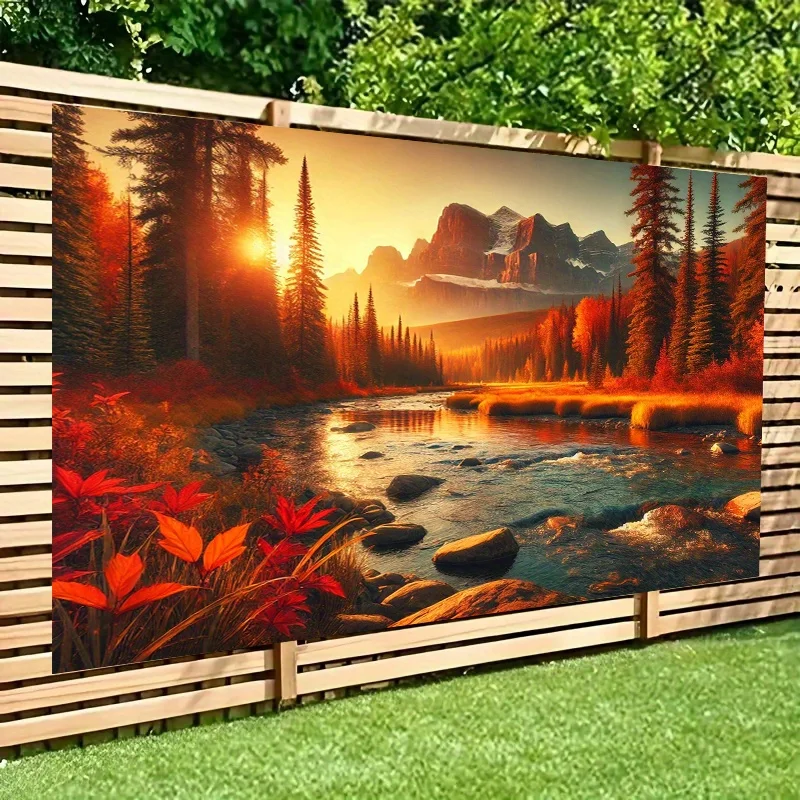8.0x6.0ft Autumn Forest Stream Tapestry - Vibrant Mountain & River Landscape with Sunlit Foliage, Serene Water Reflection, and