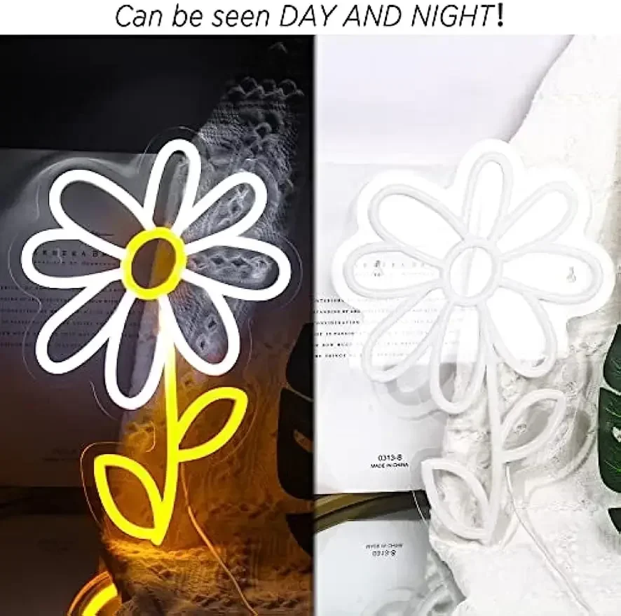 Daisy Flower Neon Sign White Yellow LED Wall Art Cute Floral Glow USB Powered Dimmable Acrylic Lamp Bedroom Party Decor