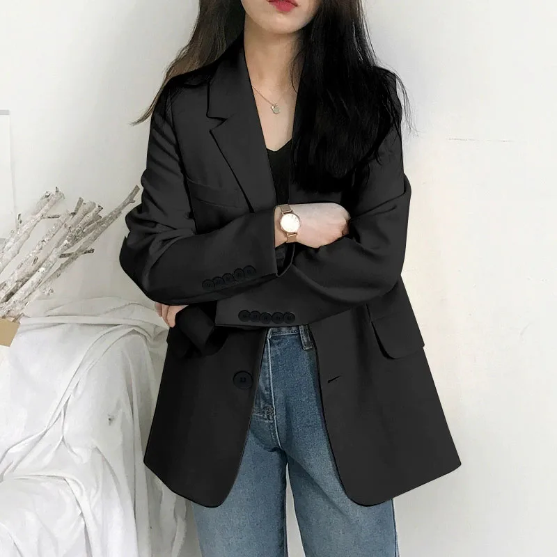 Elegant Women's Blazer Jacket Black Long Sleeve Button-Up Notch Lapel Office Jackets Woman Casual Solid Color with Pocket Blazer