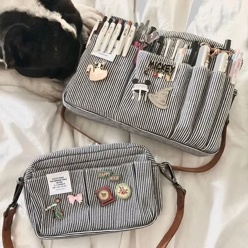 Bolsa de almacenamiento de lona de gran capacidad, diseño Simple para estudiantes de secundaria, estuche y bolsa para lápices multicapa para niños y niñas