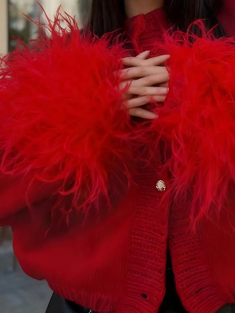 

Вязаный кардиган в стиле пэчворк с перьями, модный женский свитер с круглым вырезом и длинными рукавами, повседневный однобортный однотонный осенний свитер