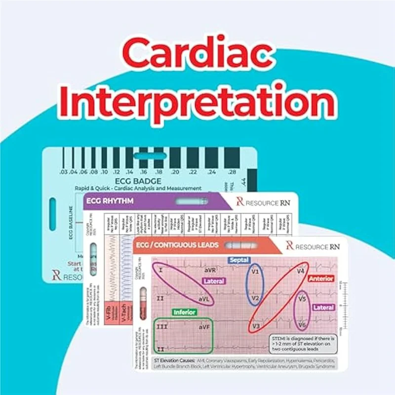 B68C Cardiac Rhythm& Interval EKG Badge Card Set-3Pcs Quick Guide Reference For 12-Lead STEMI Horizontal/Vertical