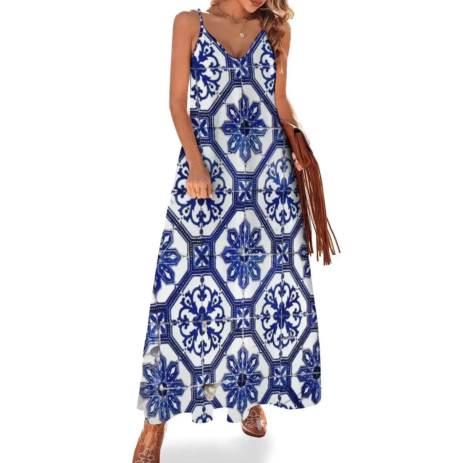 

Blue and White Portuguese Tile Sleeveless Dress prom dresses summer dresses women 2025 cocktail dresses Dress