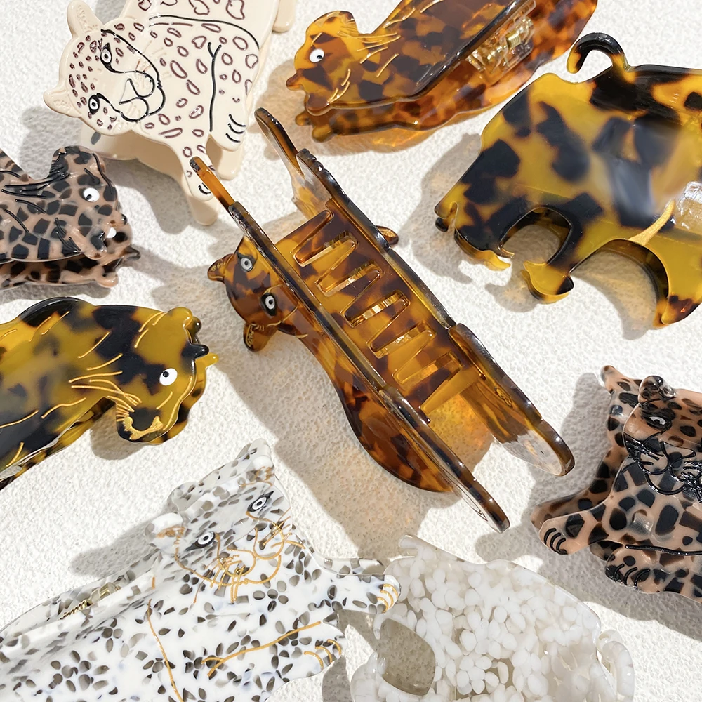 AENSOA Niche Design Leopard Print Tiger Grab Cartoon Hairpin Women Personality Wildlife Acetic Acid Clip Back Of Head Shark Clip