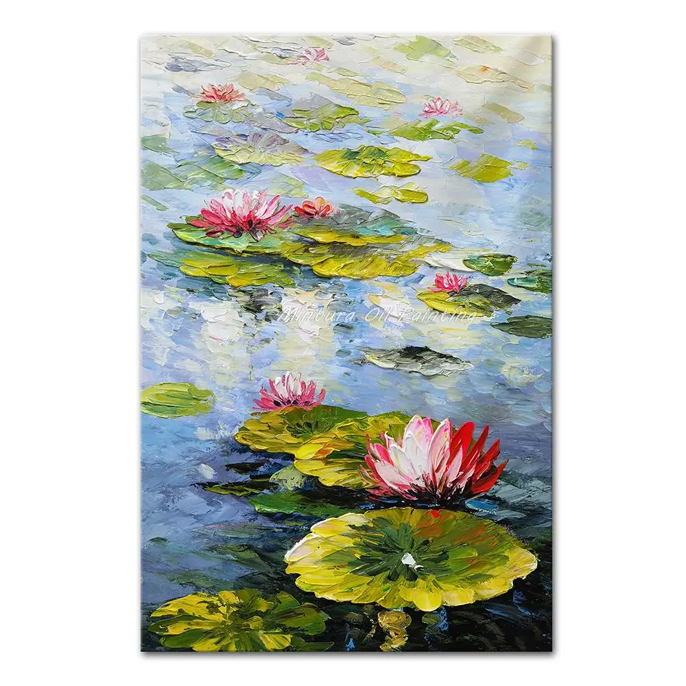 Mintura Handpainted Palette Knife Lotus Oil Paintings on Canvas,Abstract Flowers Modern,Home Decoration Wall Art,for Living Room