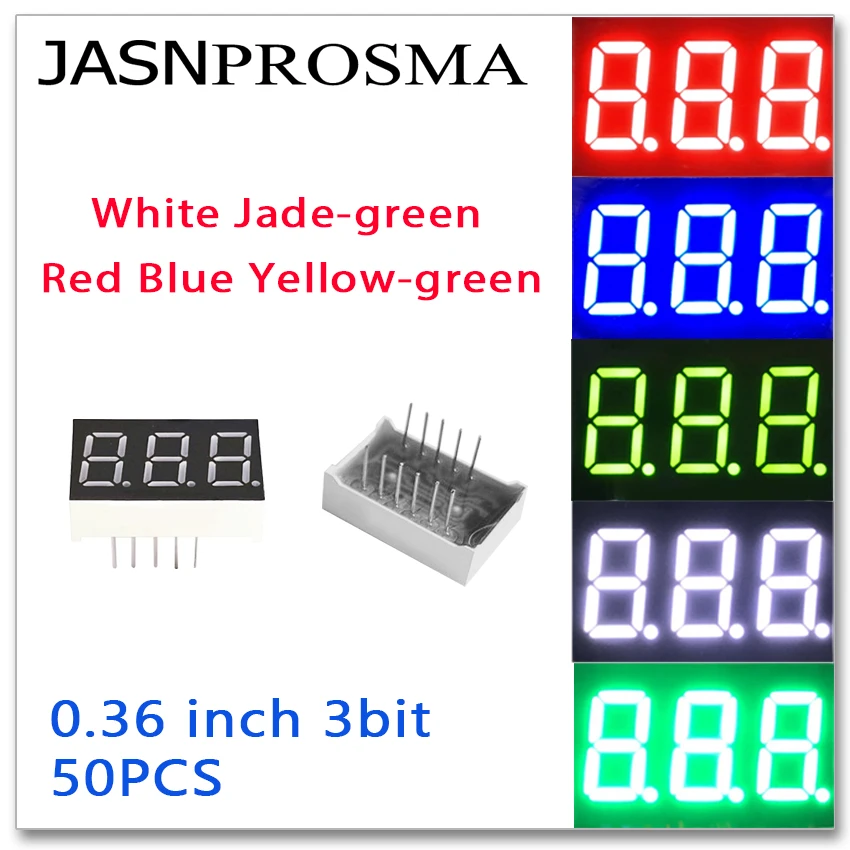 JASNPROSMA 50 قطعة 0.36 بوصة 3 بت أرقام أنبوب أحمر أزرق أبيض اليشم أصفر أخضر الكاثود المشترك الأنود LED عرض 0.36 بوصة ثلاثة