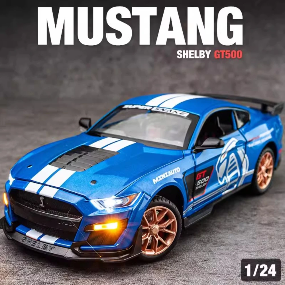 1/24 Scale Mustang Shelby GT500 Car Model Toy Alloy Body Shock Absorption Racecar Models Sound Light Pull Back for Children Gift