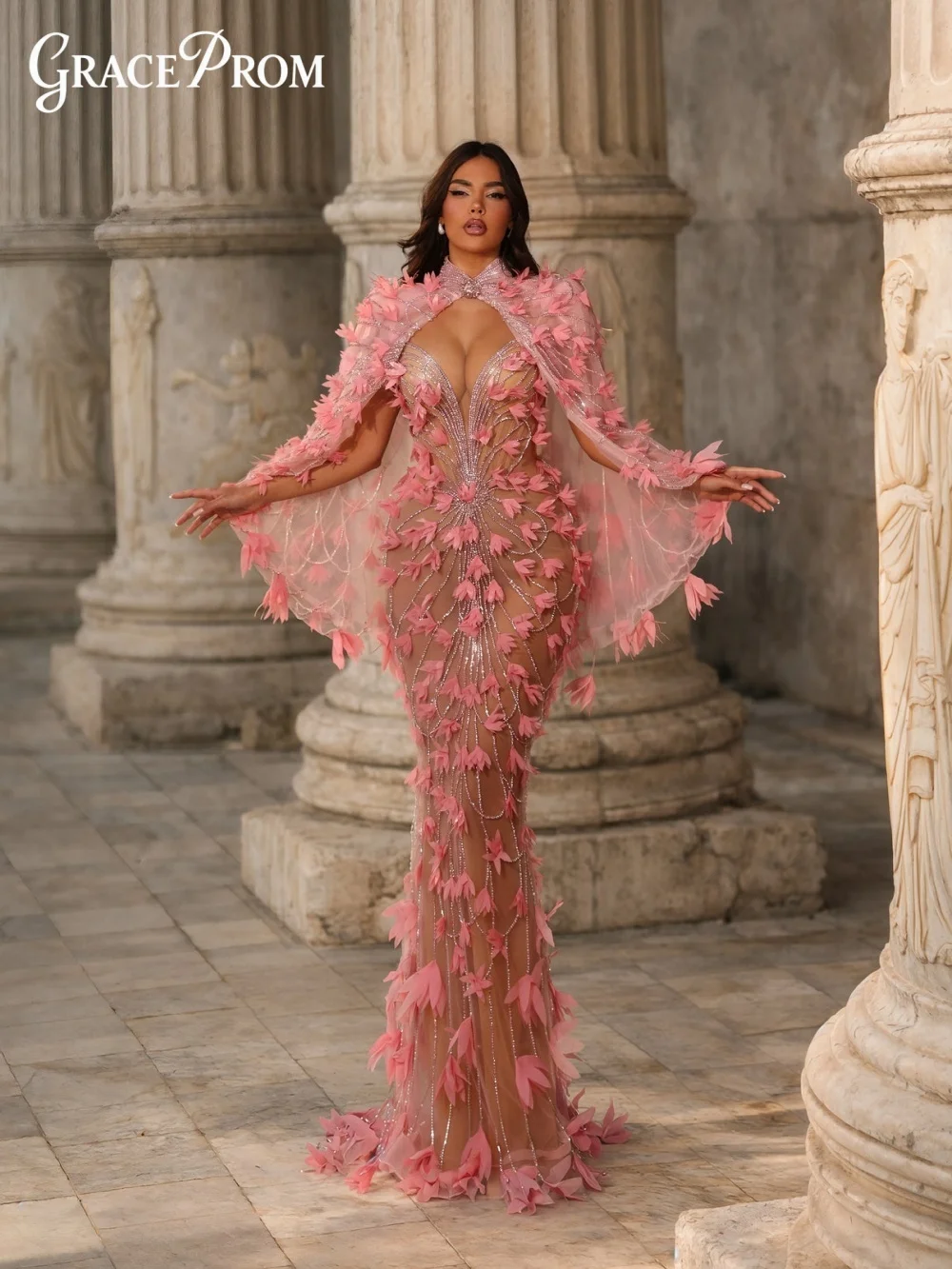

Luxurious Pink Nude Base Long Dress Deep V Neck Removable Cape 3D Floral Party Dress Evening Gown For Wedding Guests فساتين سهرة