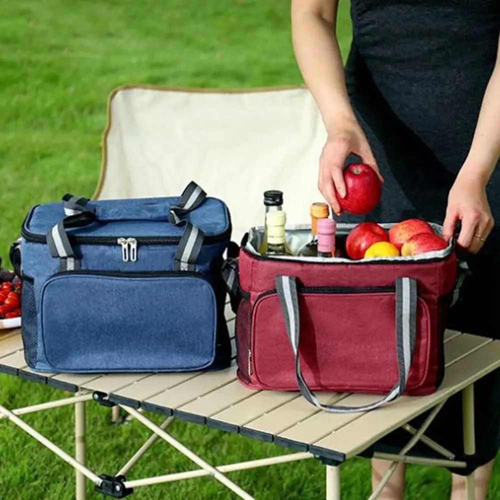 

Leak-proof 15L Thermal Lunch Bag Handheld Thickened Cooler Lunch Box Dual Zippers Oxford Cloth Insulated Cooler Bag for Office