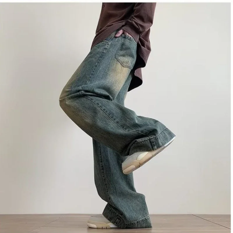 Men Denim Pants Blue Wide-legged Pants Vintage Baggy Trouser Streetwear Design Jeans Casual Solid Spring Autumn
