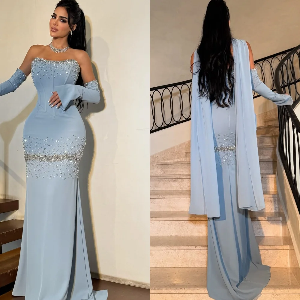 

Customized Exquisite Strapless Sleeveless Evening Dress High Quality Satin Prom Dresses Delicate Crystal Special Occasion Gowns