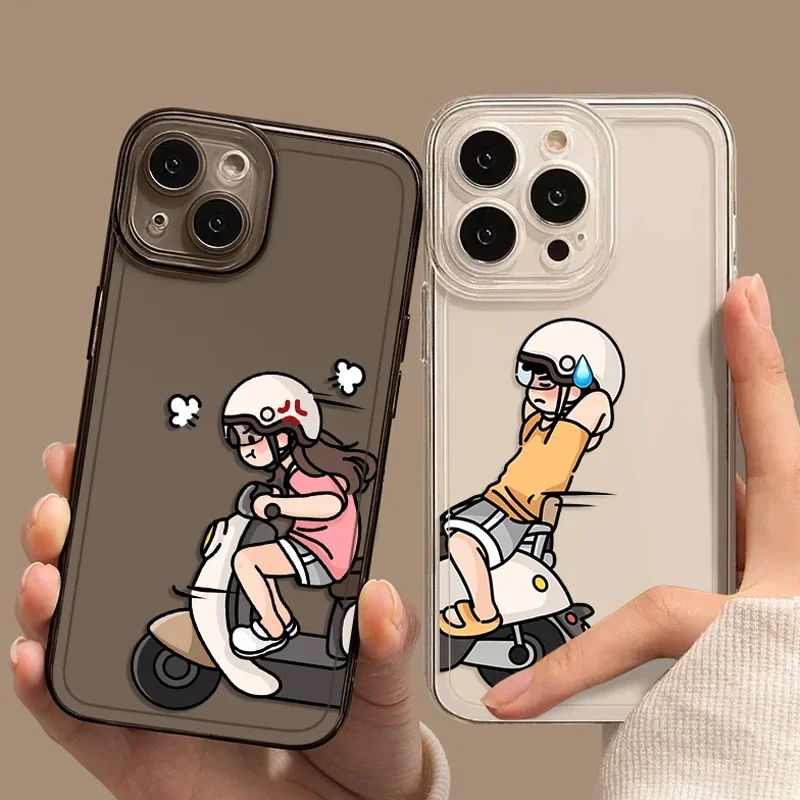 

Funny Motorcycle Couple Phone Case for IPhone 16 15 13 11 12 14 Pro Max Mini X XS XR 7 8 14 Plus Motor Clear Paired Cover Fundas