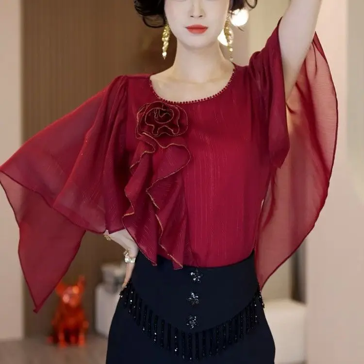 

2025 New Chiffon Shirt with Seven Sleeve Women's Summer Bat Sleeve Fashion Top for Women ladies tops