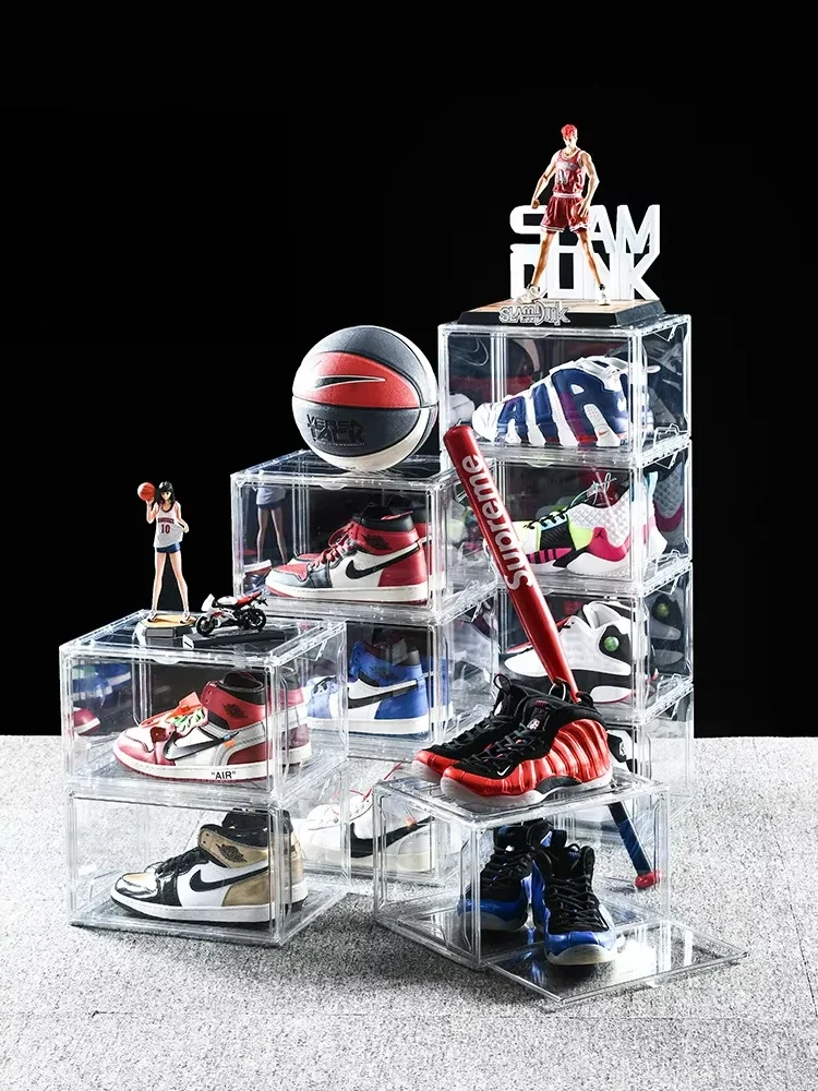 Transparent plastic sneakers stackable shoe storage box front drop glue drawer type magneticshoe box