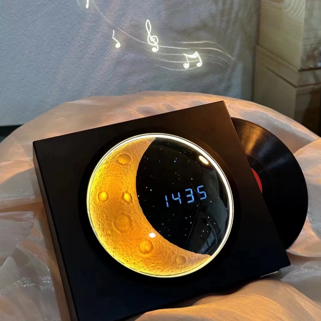 

Half Moon Starry Sky Night Light Music Player Speaker Clock Table Lamp Vinyl Record Atmosphere Gift For Valentine's Day