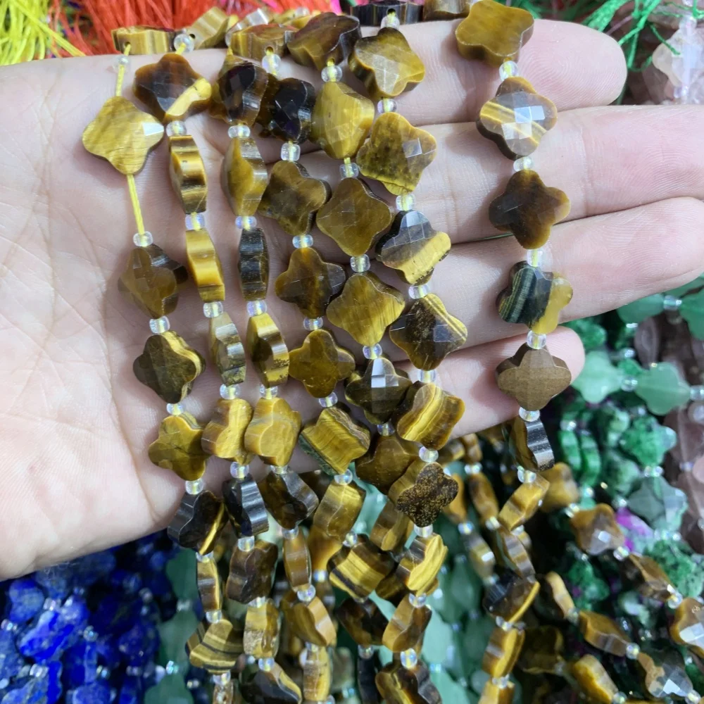 Natural Tiger Eye Ruby Zoisite Quartz Strawberry Quartz 12mm Four-leaf Clover Shape Gemstone Loose Beads Jewelry Making