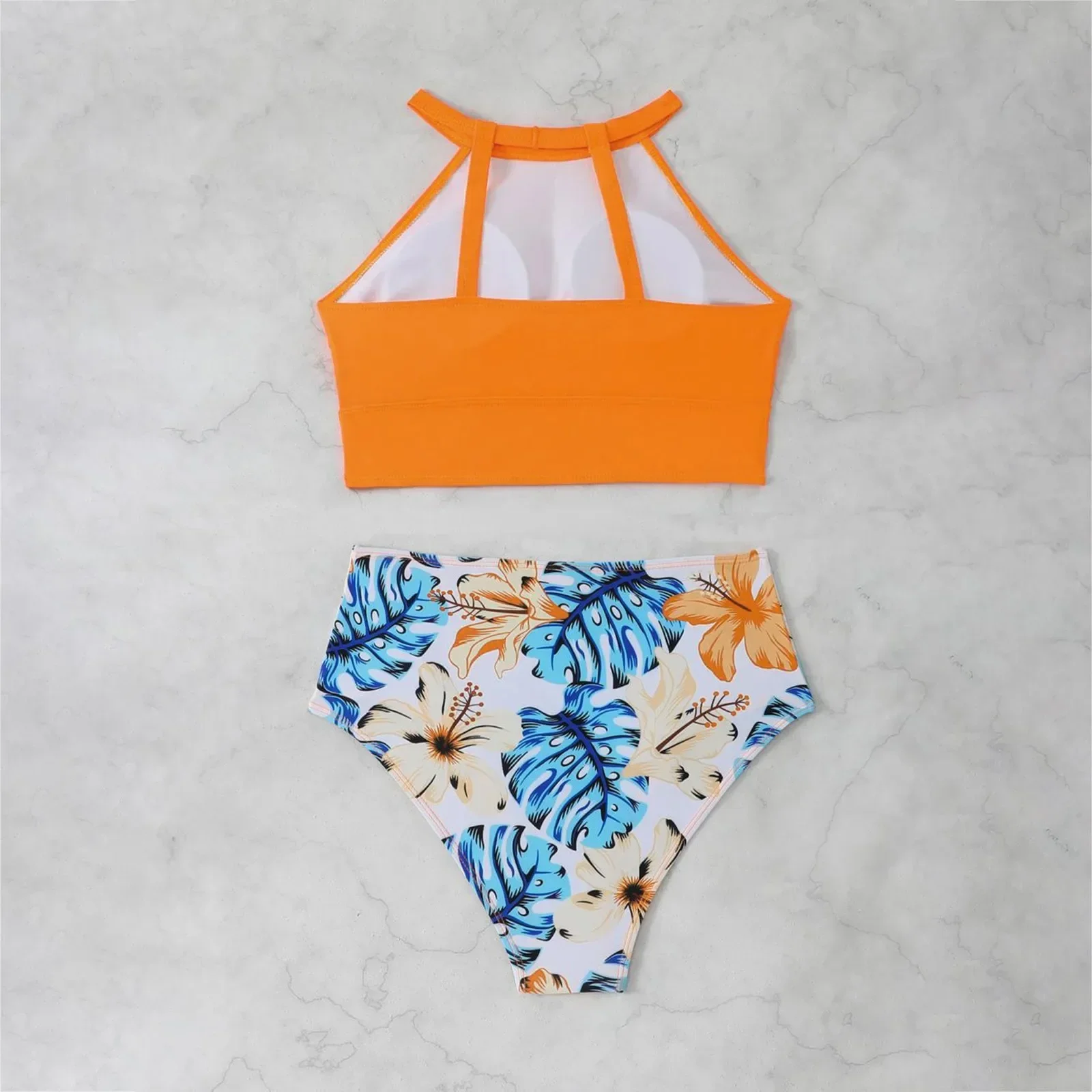 Nylonowy strój kąpielowy damski, bikini z wysokim stanem, sportowy dwuczęściowy strój kąpielowy, blok kolorów, wysokie wycięcie, trwały strój kąpielowy.