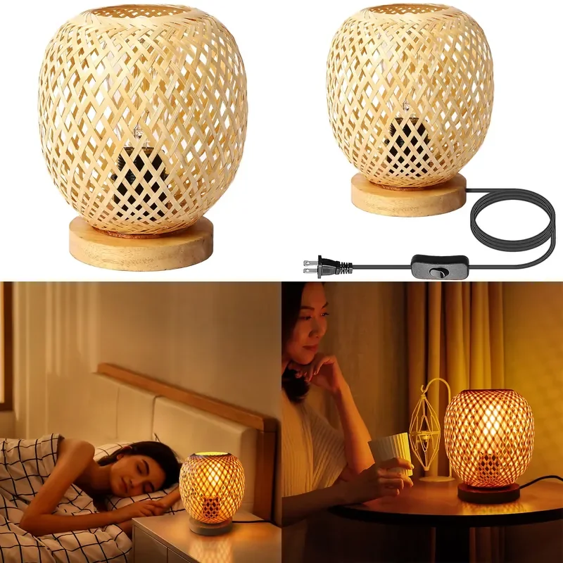 for Retro Handmade Bamboo Rattan Table Lamp  Living Room Bedroom Bedside Decoration