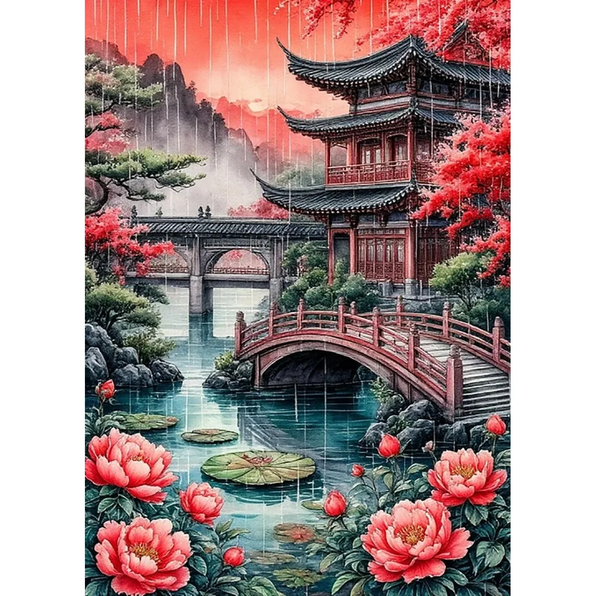 1 Stück 30 x 40 cm, 11 ct/14 ct Kreuzstich-Set, DIY-Valentinstagsgeschenk, Stickset für Festivals, chinesischer Garten, roter Lotus