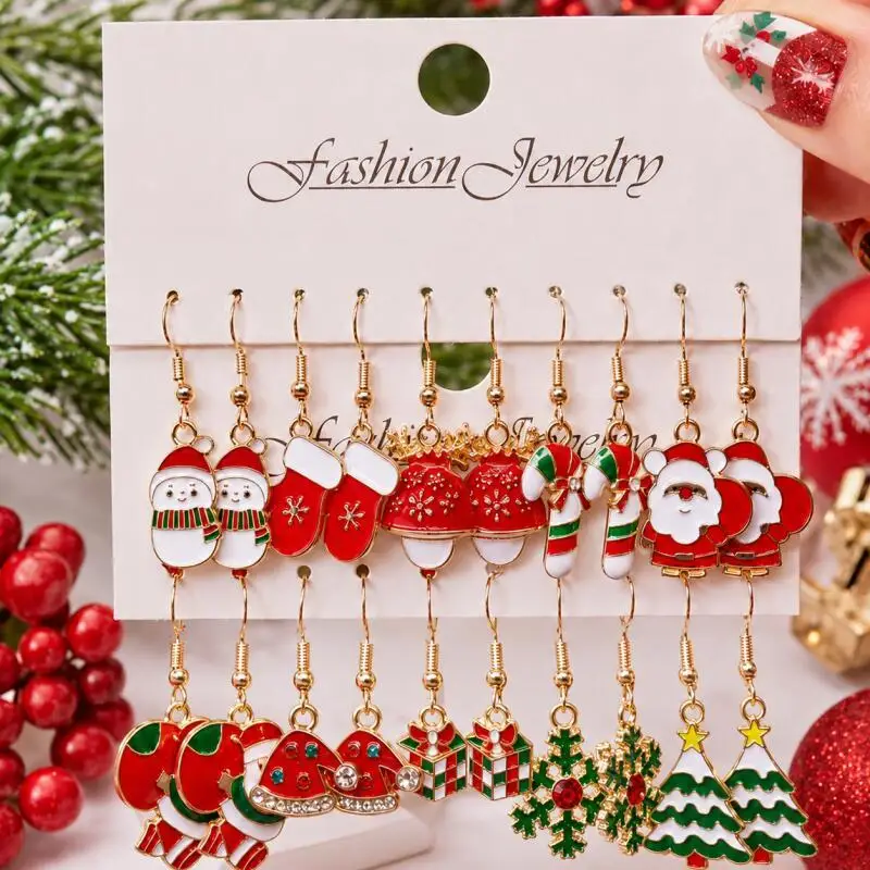 10 Pairs Christmas Earrings Set for Women, Santa Snowman Tree Snowflake Dangle Earrings, Holiday Party Gift