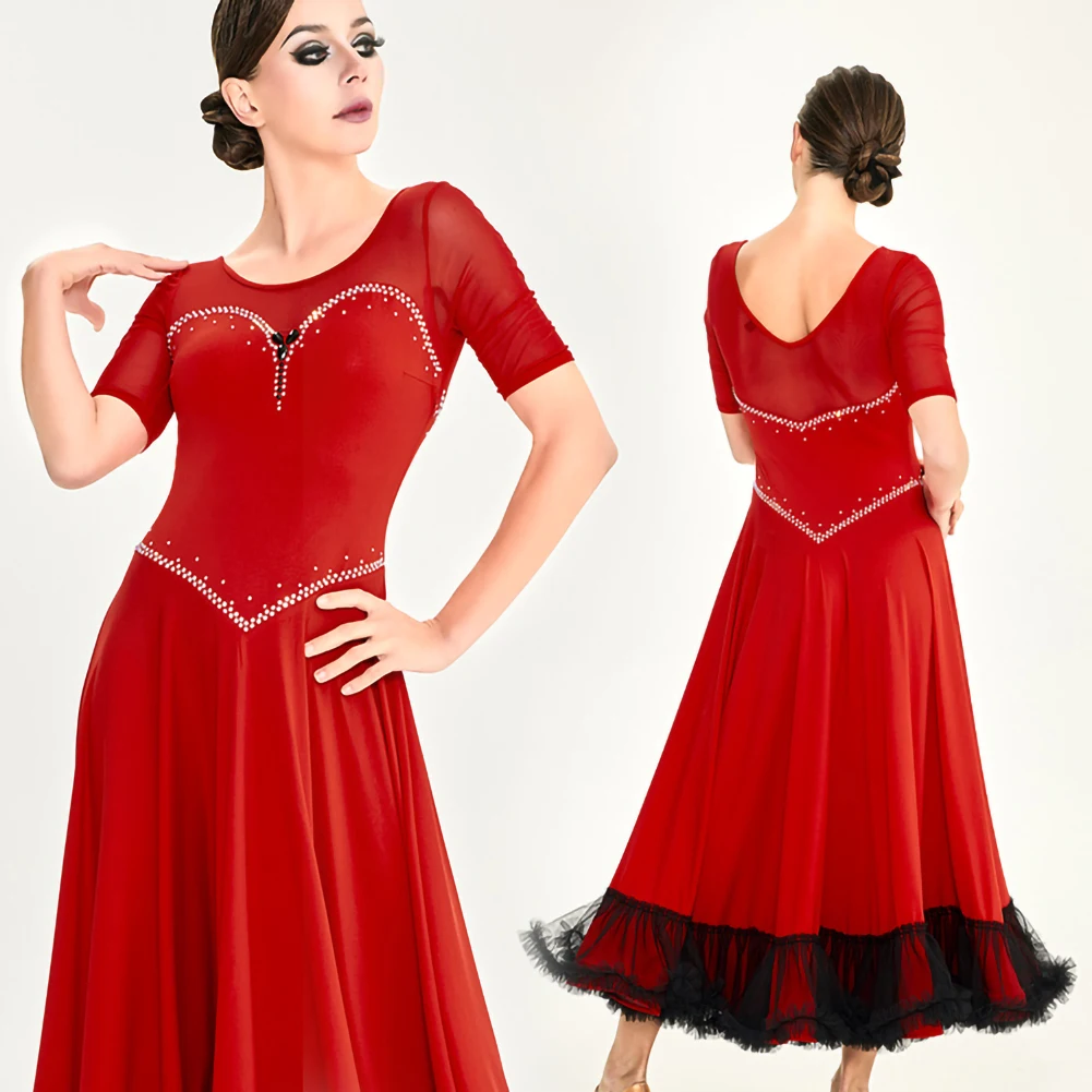 โมเดิร์นการแข่งขันเต้นรําอย่างเป็นทางการโอกาส Rhinestone เครื่องแต่งกายผู้หญิง 2025 Waltz กีฬาเต้นรําชุดสีชมพูสีแดง