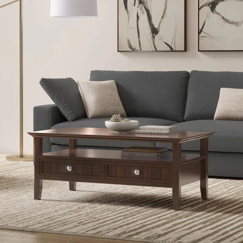 SIMPLIHOME Acadian Solid Wood 48 Inch Wide Rectangle Transitional Coffee Table with Drawer in Brunette Brown