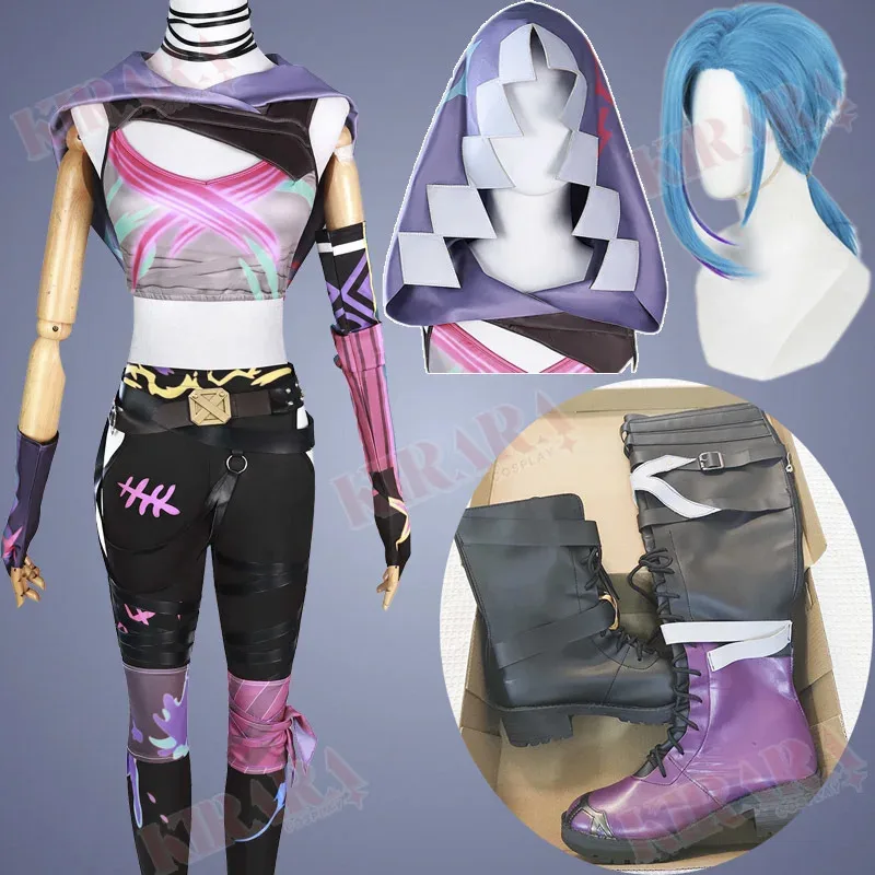 

Аниме Arcane Jinx Косплей Костюм Синий Парик Волосы Jinx Косплей Обувь Сапоги Наряды для Женщин Comic Con Одежда Для Ролевых Игр