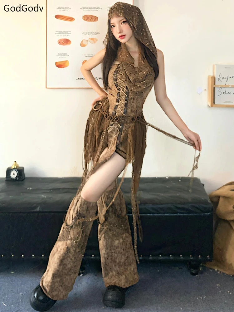Spring Gothic Brown Vintage 3 Piece Set Women Sexy Lace Y2k Party Mini Pants Suit Female Korean Fashion Retro Designer Outfits image 6