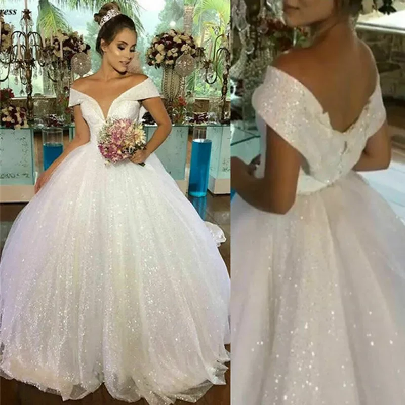 

Customized Well Design Off The Shoulder Shinning Sequins Wedding Gowns Train Backless Ballgown Robe De Mariée Bridal Dresses