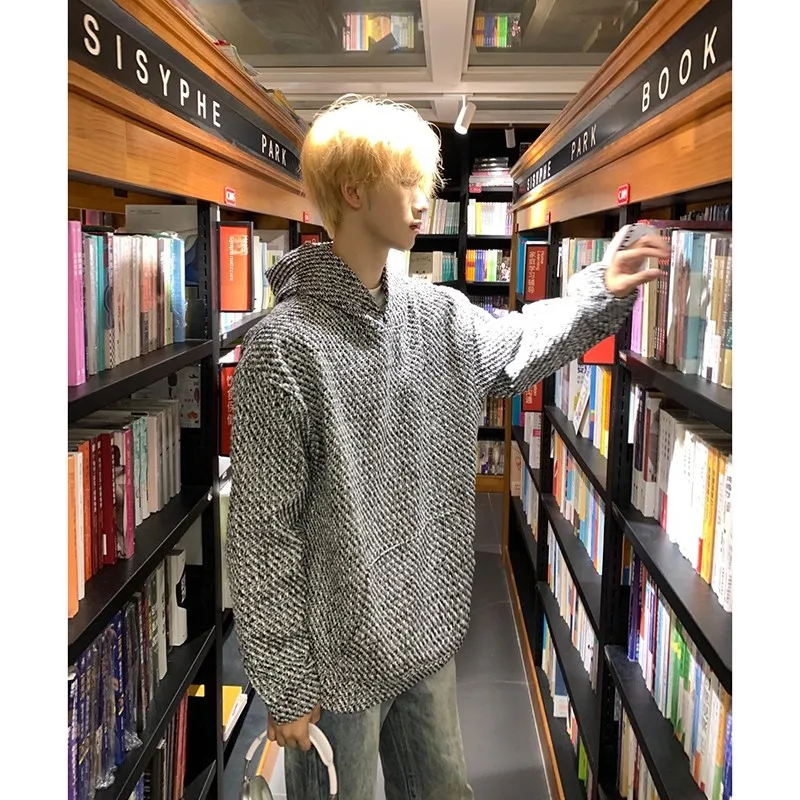 

Heavy Knit Plaid Hoodie Men Spring Autumn Trendy Brand High-End Feeling Knitted Light Luxury Small Fraance Sle Jaet