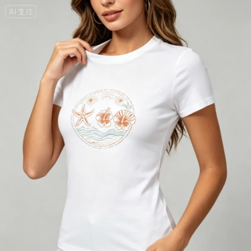 Women Crew Neck Modal Short Sleeve T‑Shirt, Summer Beach Ocean Graphic Tee Starfish Hibiscus Shell Print Casual Vacation Top