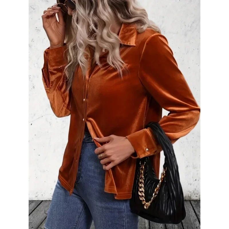 

Plus Size New Women Fashion Top Blouse Velvet Long Sleeve Solid Elegant Shirt Button Pocket Womens Long Sleeve Blouse Shirt
