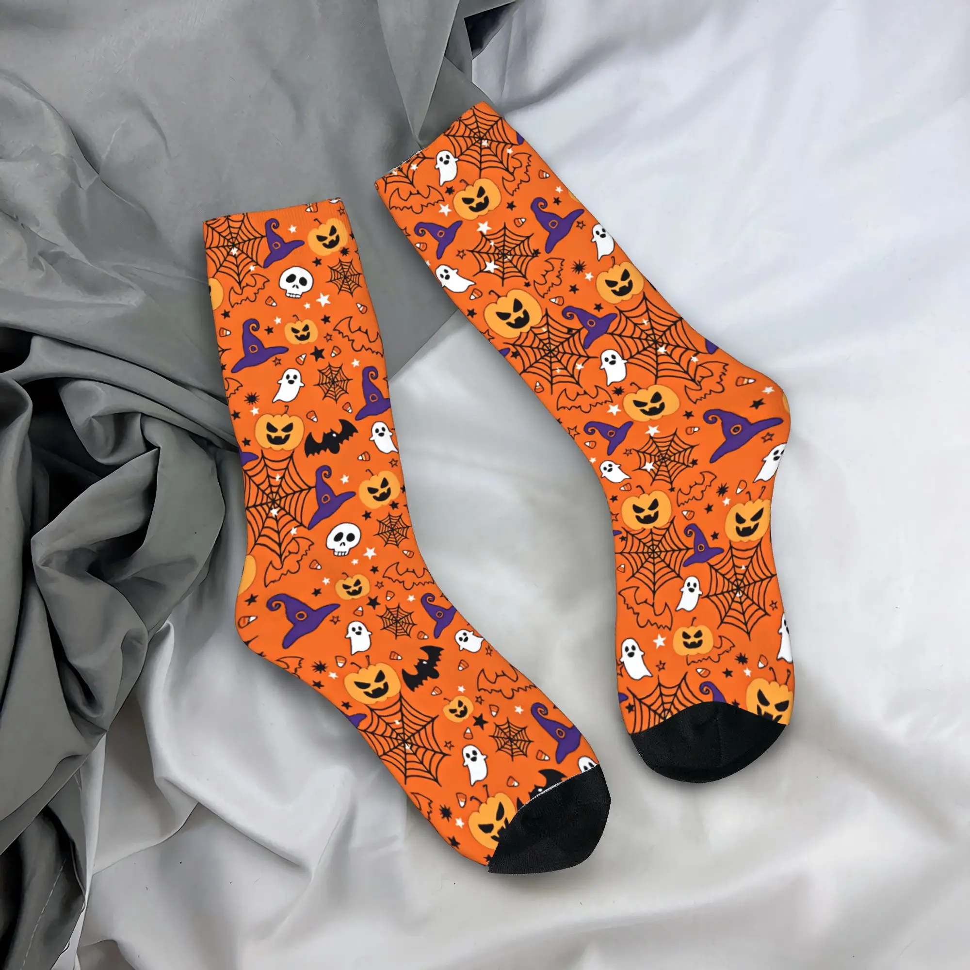 Halloween Pumpkin Ghost Witch Hat Skull Spider Web Seamless Pattern Socks  Vintage Stockings Unisex Men High Quality Socks