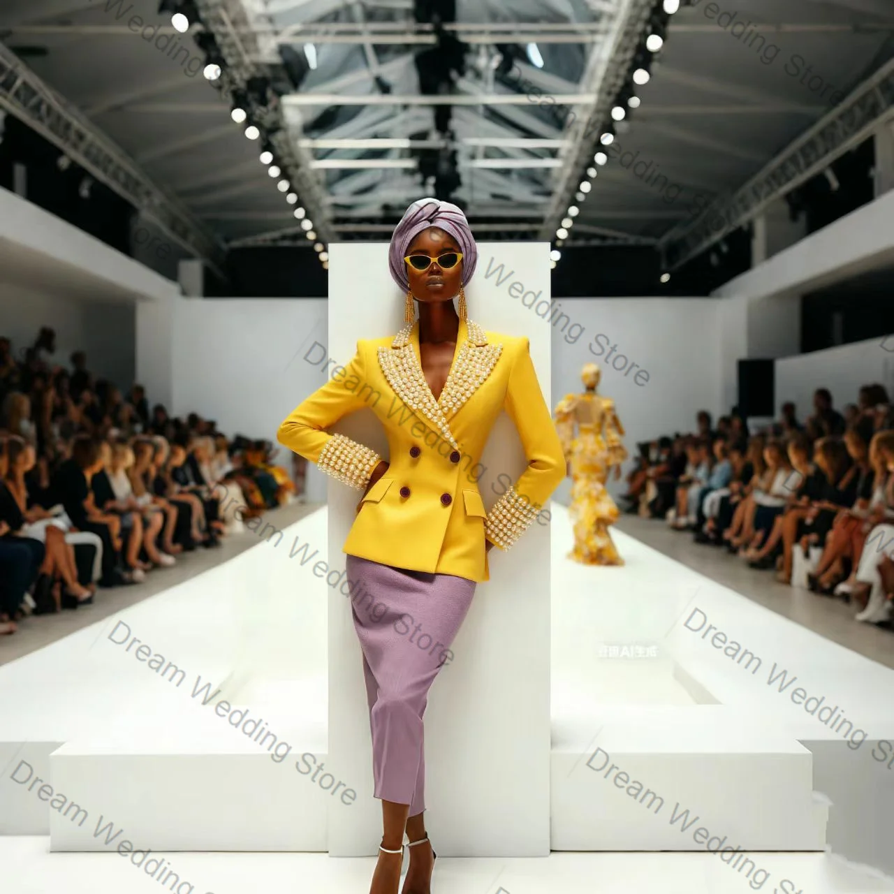 

Pearls Yellow Pink Women Suit Set 2 Pcs Blazer+Prom Dress Cotton Formal Office Lady Jacket Customized Wedding Guest Coat